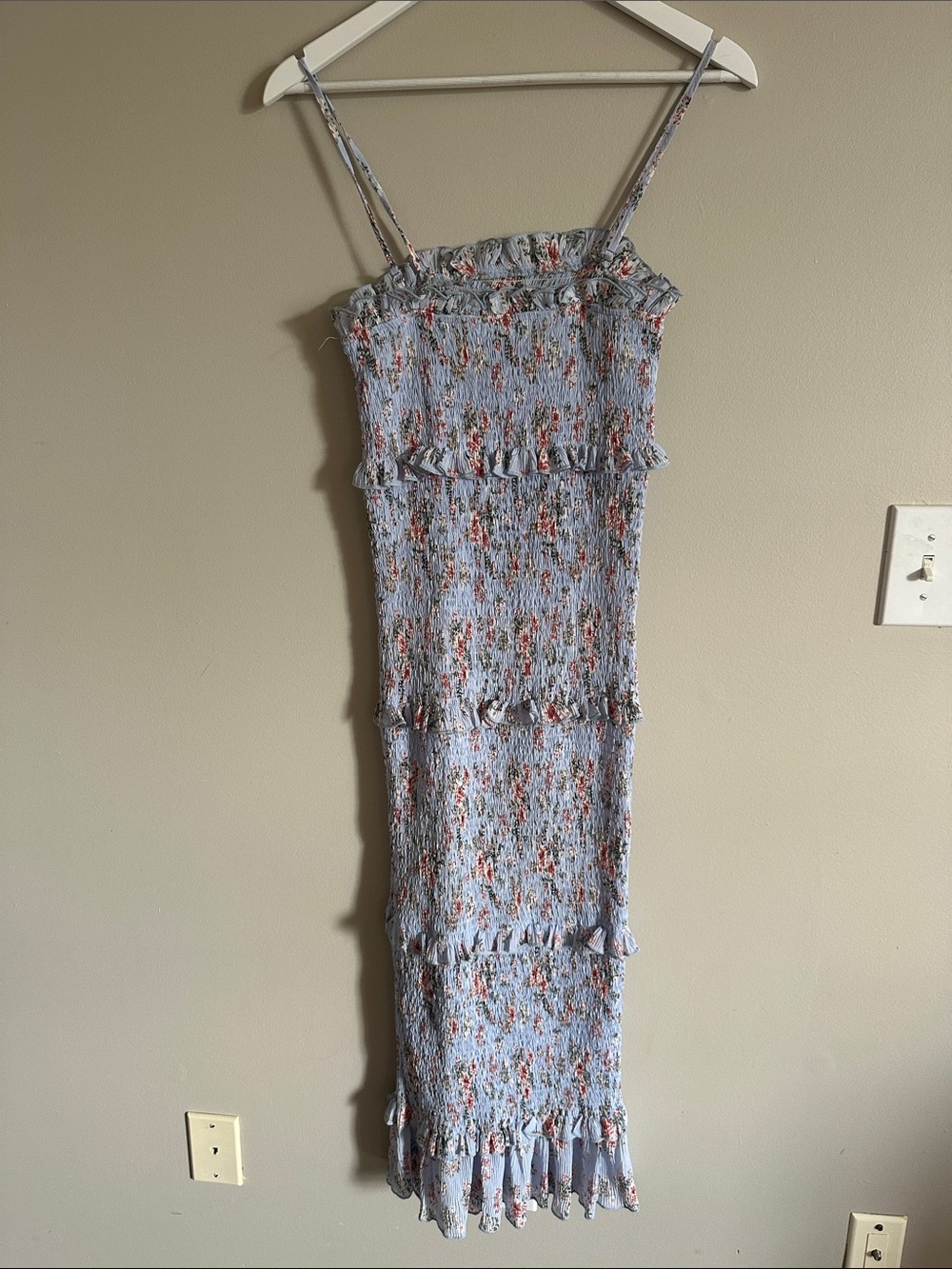 Light Blue Floral Smocked Midi Dress with Ruffle Tiers - Picture 3 of 3